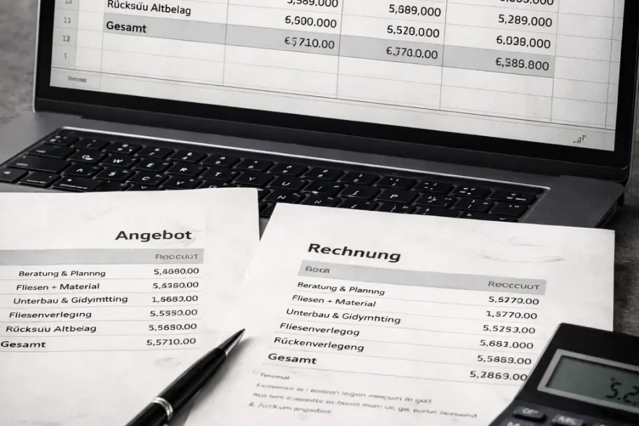 Transparentes Angebot und Rechnung für Fliesenarbeiten am Laptop