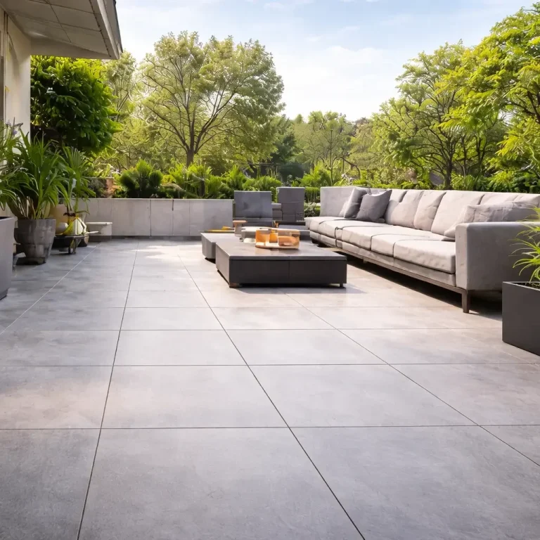 Terrasse mit sauber verfugten Fliesen und neu versiegelten Silikonfugen