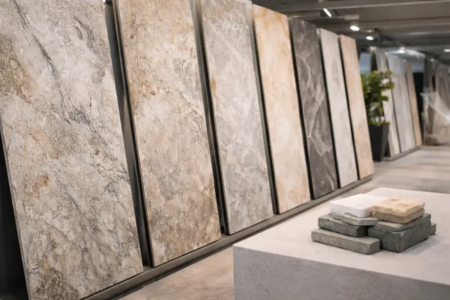 Ausstellung mit großformatigen Naturstein- und Fliesenmustern