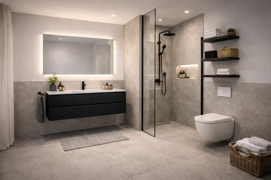 Modern saniertes Bad mit dunklen Fliesen, Regendusche und Waschtisch