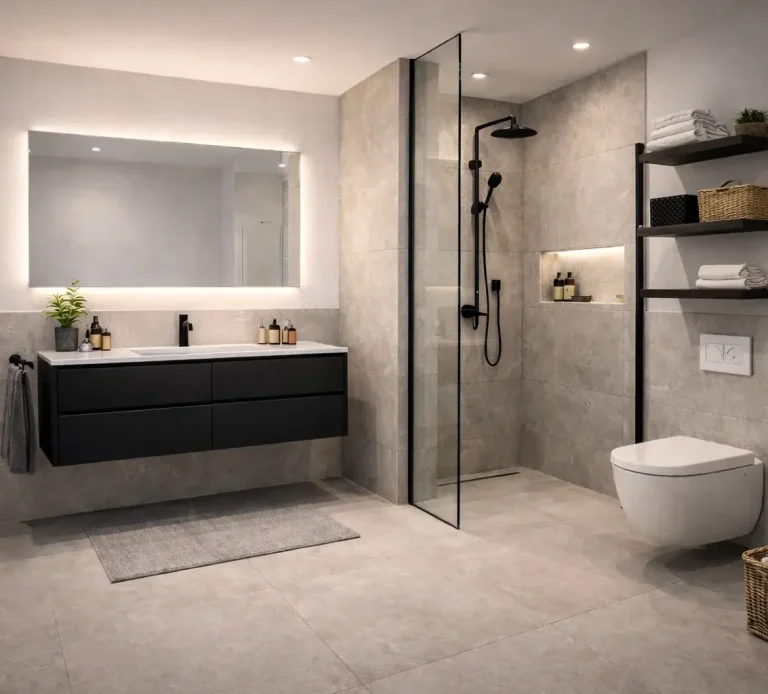 Modernes Badezimmer mit Großformatfliesen, Doppelwaschtisch und Glasdusche